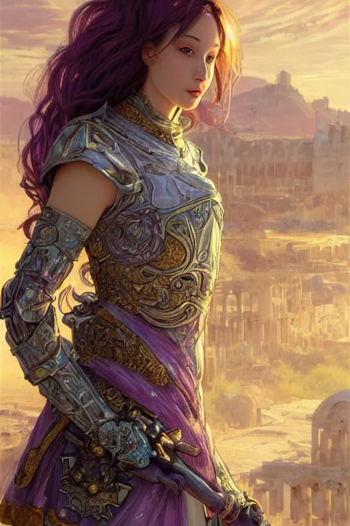 Prompt: portrait knights of Zodiac girl, metalic pink and pastel purple reflected armor, in ruined Agora of Athens sunrise, ssci-fi, fantasy, intricate, very very beautiful, elegant, golden light, highly detailed, digital painting, artstation, concept art, smooth, sharp focus, illustration, art by tian zi and WLOP and alphonse mucha