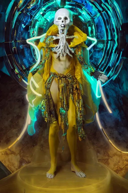 Image similar to photo of fullbody rococo and cyberpunk delicate neon crystalline sculpture of seductive muscular onyx albino marble prince camilo echeverry teal iridescent humanoid deity wearing yellow plastic hooded cloak holding an onyx skull in a onyx space dungeon, reclining, glowing yellow face, crown of white diamonds, cinematic lighting, photorealistic, octane render 8 k depth of field 3 d