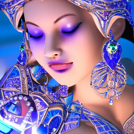 Prompt: photo of wonderful princess of sapphire with fair skin, she has her eyes closed, glowing, ornate and intricate blue jewelry, jaw dropping beauty, glowing background lighting, blue accent lighting, hyper detailed, award winning photography, 4 k octane render