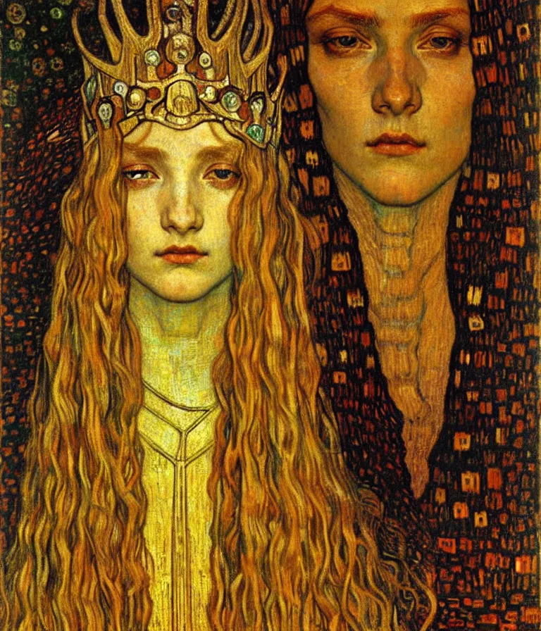 Image similar to detailed realistic beautiful young medieval queen face portrait by jean delville, gustav klimt and vincent van gogh, art nouveau, symbolist, visionary, gothic, pre - raphaelite, muted earthy colors, desaturated