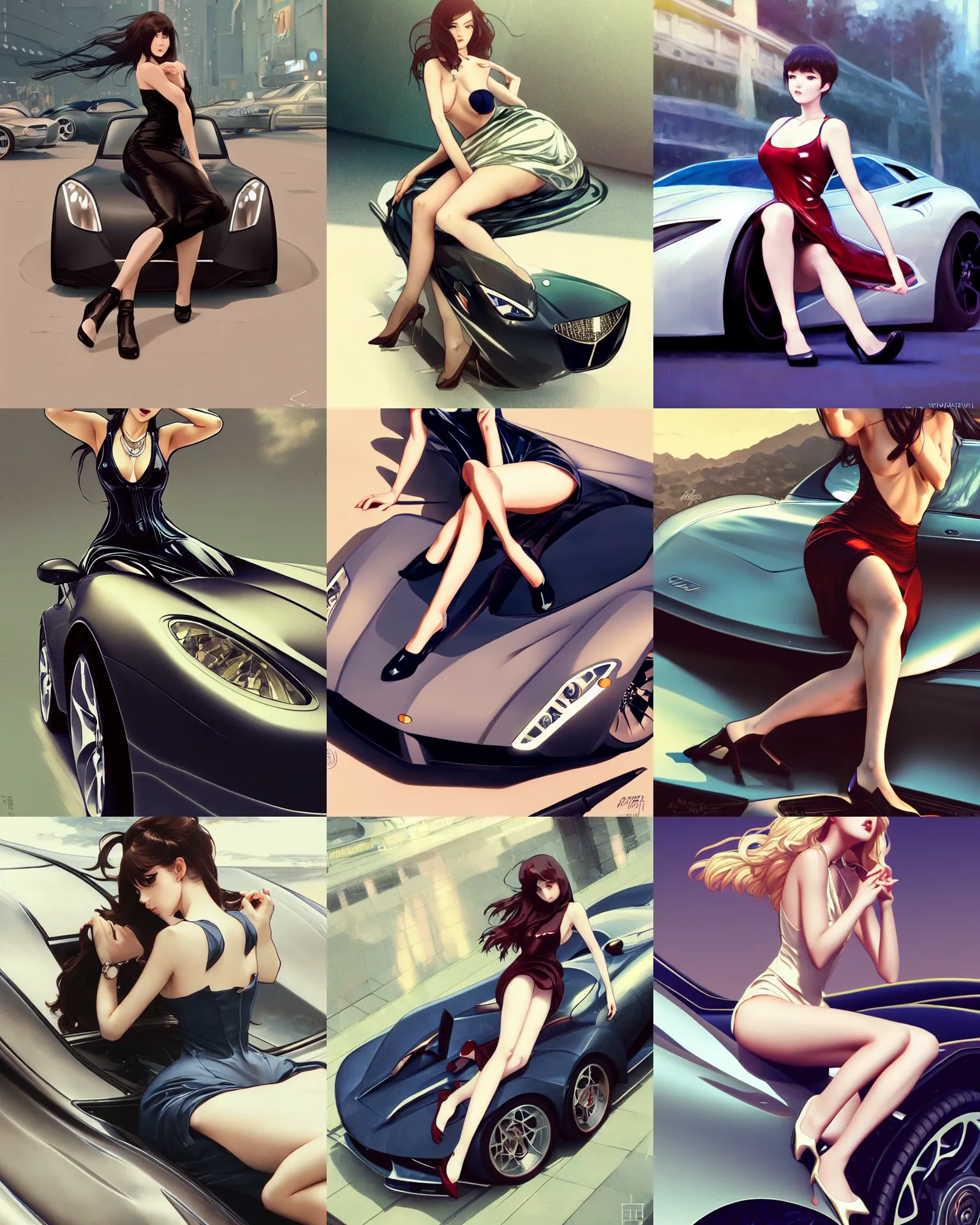 Prompt: car show girl with low cut shiny dress sit on sports car. caidychen, kuvshinov ilya, intricate, elegant, sharp focus, illustration, highly detailed, matte, art by wlop and artgerm and greg rutkowski and alphonse mucha and and sakimichan and kidmo, anime, trending on artstation