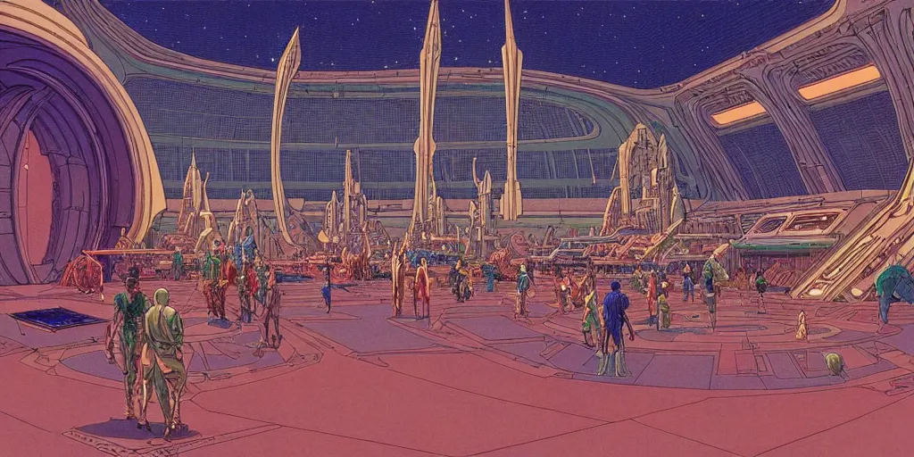 Image similar to cel shaded cinematic shot of the interior of a sci-fi space station with ornate Elven architecture bustling with people, epic castle, emerald, crystalline, detailed illustration, sharp focus, crisp lines, art by Moebius!!!, Jean Giraud Moebius!!! comic illustration