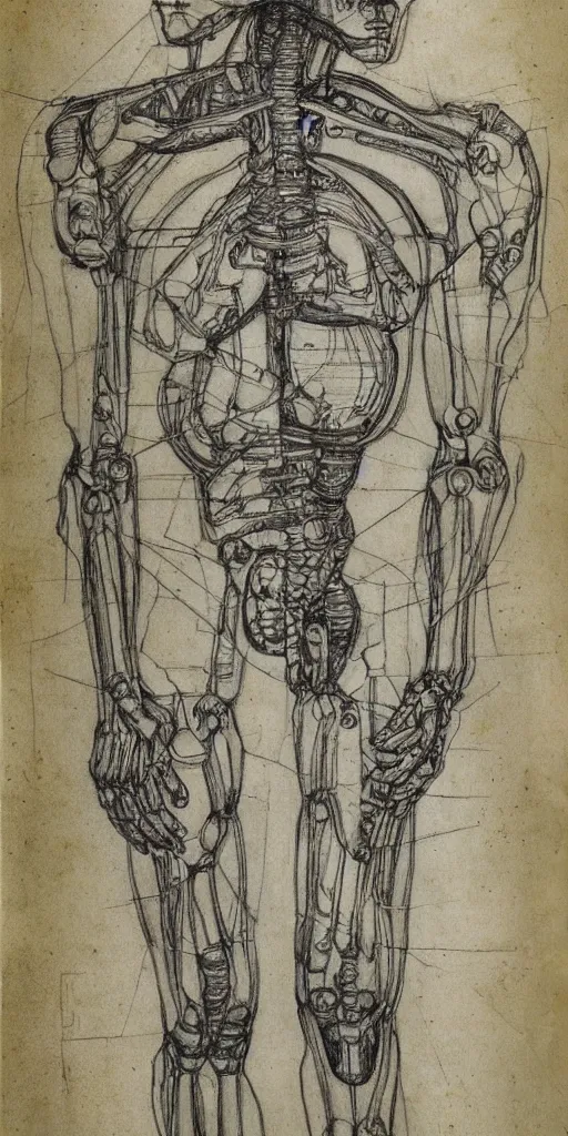 Image similar to half human half organic robot anatomy sketch by Leonardo da Vinci, sketchbook, highly detailed, symmetrical, full shot