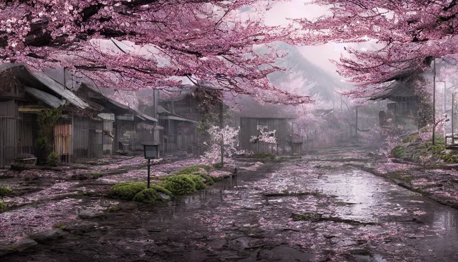 Image similar to abandoned japanese village, cherry blossoms, rainy day, hyperdetailed, artstation, cgsociety, 8 k