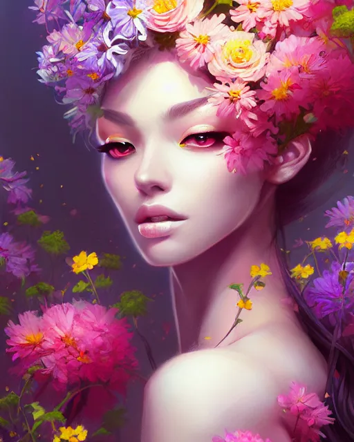 Prompt: a painting of a beautiful woman surrounded by flowers, an ultrafine detailed painting by ross tran, featured on deviantart, fantasy art, detailed painting, deviantart, anime