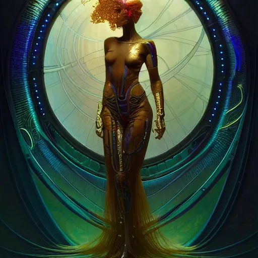 Prompt: extremely psychedelic beautiful cyborg queen of lsd infected by night. intricate, elegant, highly detailed, extremely lifelike photorealistic digital painting, artstation. steichen, gaston bussiere, tom bagshaw, cyberpunk alphonse mucha. elegant minimalism. anatomically correct. sultry. sharp focus. gold. surreal lush hallucination