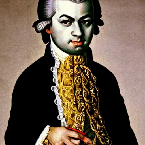 Image similar to Mozart bloodshot eyes holding a joint