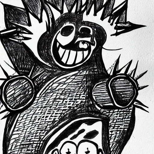 Image similar to very simple ballpoint pen line drawing of a furnace with spiky toothed demons around it, pen on paper simple drawing by a child, no shading