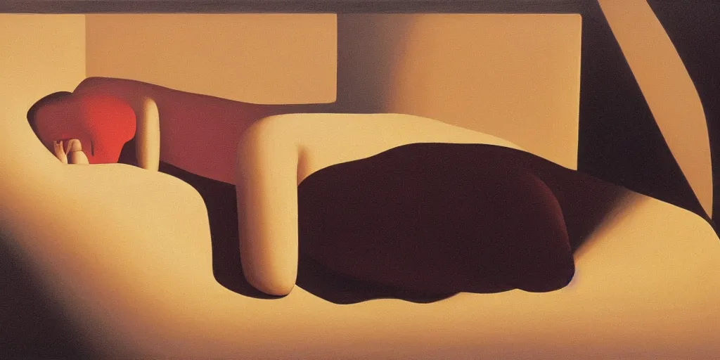 Image similar to sleeping lady in a dark room in heatwave, oil painting by george tooker