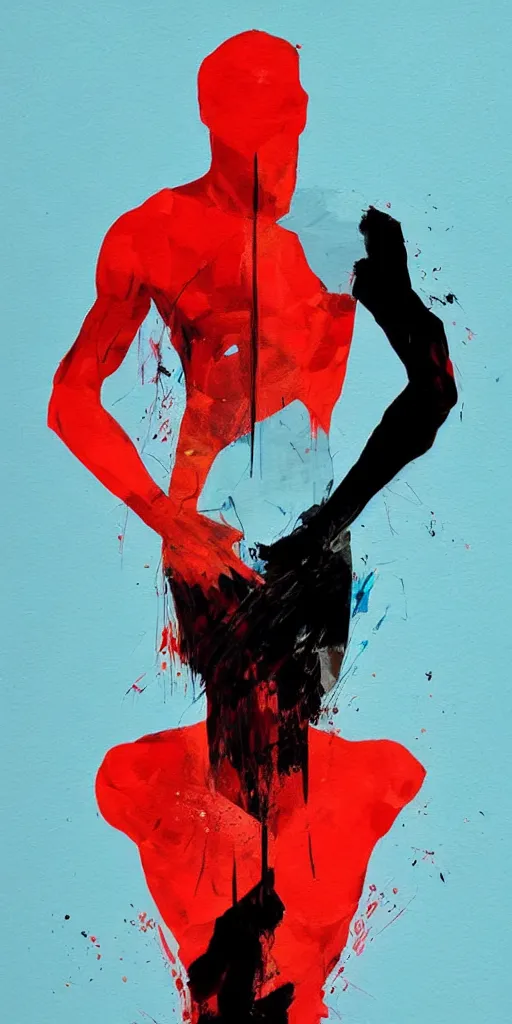 Image similar to abstract flowing brush strokes of the outline of the closeup torso of athletic man posing dramatically with no face in the center of the frame, by conrad roset, dark background, painting trending on artstation