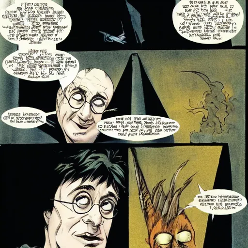 Prompt: in one frame Harry Potter talking to the Sandman in The Sandman comic, by Neil Gaiman, by Dave McKean, comics Sandman, small details, whole-length, clear faces