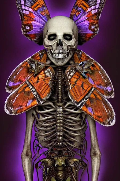 Image similar to a portrait of a skelton with moth wings, highly detailed, digital photo, hdri, by christopher bretz and john carpenter, vivid colors, high contrast, 8 k resolution, intricate, photorealistic, smooth, psychedelic color scheme, concept art, award winning, cg society contest winner