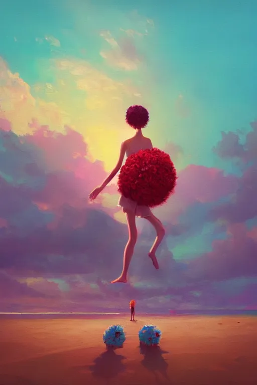 Image similar to giant flower head, girl walking on a beach, surreal photography, sunrise, dramatic light, impressionist painting, colorful clouds, digital painting, artstation, simon stalenhag