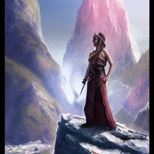 Prompt: a woman with a sword standing in front of a mountain, a character portrait by René Auberjonois, trending on cgsociety, photorealism, reimagined by industrial light and magic, #vfxfriday, anamorphic lens flare