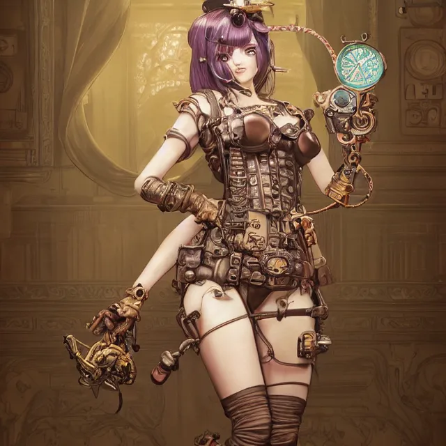 Image similar to the portrait of true neutral semi - colorful female steampunk mechanist as absurdly beautiful, gorgeous, elegant, young gravure idol, an ultrafine hyperdetailed illustration by kim jung gi, irakli nadar, intricate linework, bright colors, octopath traveler, final fantasy, unreal engine 5 highly rendered, global illumination, radiant light, detailed and intricate environment