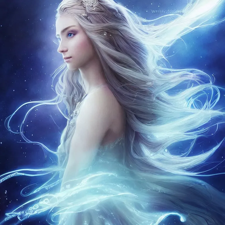 Prompt: beautiful cinematic fantasy poster, a long shot of a beautiful princess like a disney princess hybrid with flowing illuminated hair, beautiful glowing galaxy eyes, full subject in frame, wideshot ultrawide angle epic scale, hybrid from The Elden Ring and art direction by Darius Zawadzki ;by artgerm; wayne reynolds art station, coherent body and limbs; cinematic quality character render; low angle; ultra high quality model; production quality cinema model;