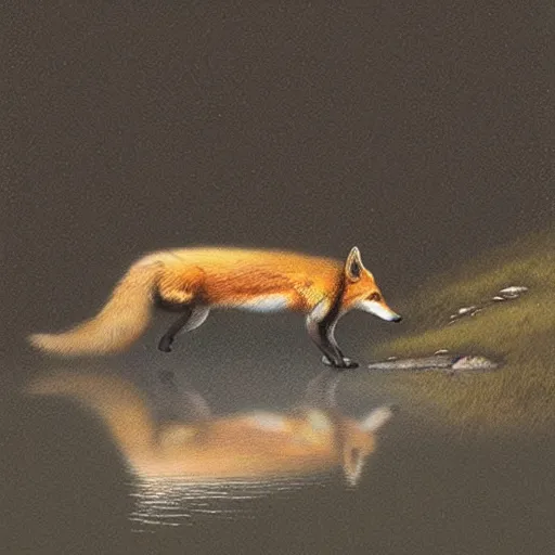 Image similar to a fox swimming in a river the background is a huge lake the fox is scared and swimming for his life the weather is raining and foggy by greg rutkowski