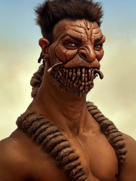 Prompt: portrait of a brown desert troll, looking at camera, d & d, large muscular savage warrior, cloth attire, short aztec hair, large noses, intricate, fantasy, extremely detailed, digital painting, artstation, concept art, smooth, sharp focus, illustration, ambient lighting, art by artgerm and greg rutkowski and alphonse mucha and simon stalenhag