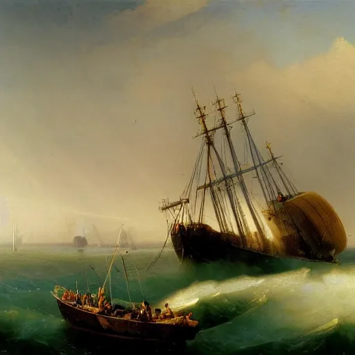 Prompt: an elicopter landing on a massive fishing vessel, a detailed painting by ivan aivazovsky, epic, highly detailed, national maritime museum, hudson river school, 4 k, late romanticism, intricate