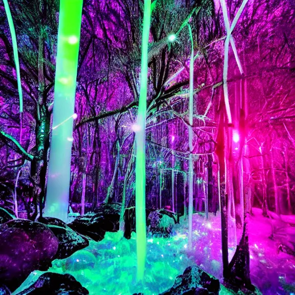 Image similar to crystal forest, neon glare, nacreous flare