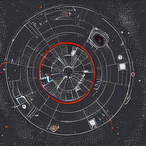 Image similar to a space junkyard forming a tilted disk in black starless space, a graveyard of space stations and giant space structures, dark sci - fi game map with solid black background