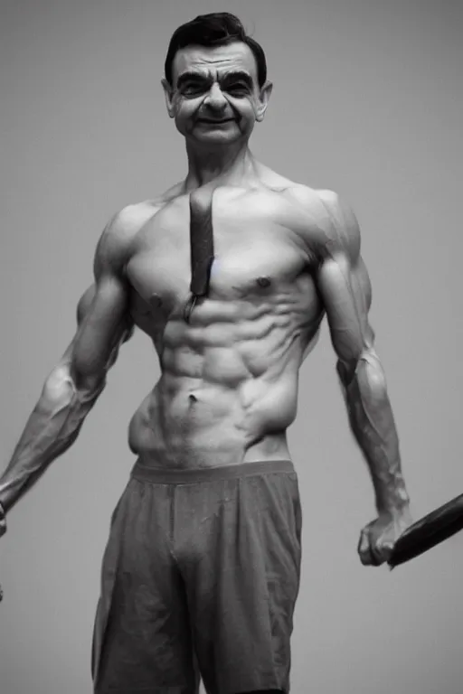 Image similar to Mr Bean is a jacked muscle builder gigachad, grayscale photography