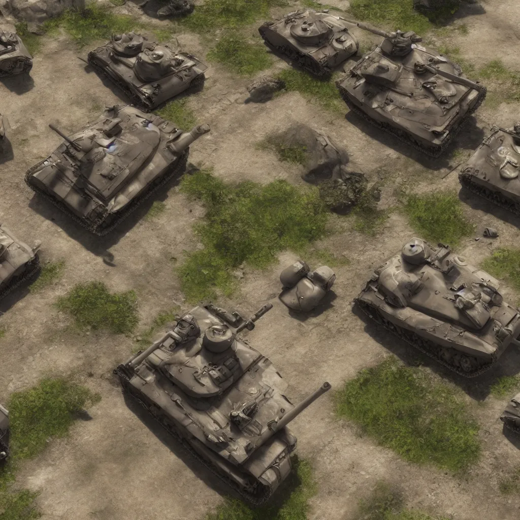 Prompt: war, battlefield, tanks, infantry, top - down view, detailed, cinematic, unreal engine