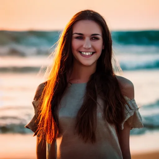 Image similar to Cute young woman, long shiny bronze brown hair, green eyes, cute freckles, soft smile, golden hour, beach setting, medium shot, mid-shot