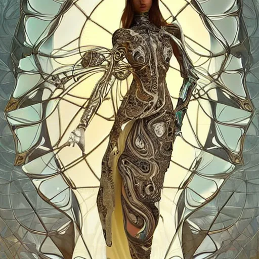 Prompt: dmt elf by zaha hadid, rick owens and alphonse mucha. highly detailed, hyper - real, very beautiful, intricate fractal details, very complex, opulent, epic, mysterious, polished, futuristic design, trending on deviantart and artstation