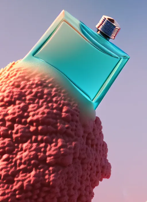 Image similar to perfume bottle covered in seafoam and corals, up close shot, sharp focus, global illumination, radiant light, alexandre ferra white mecha, irakli nadar, octane highly render, 4 k, ultra hd,