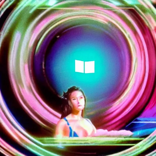 Image similar to a VHS still of a concept art with a photo of Tia Carrere in a vaporwave artwork composition, Windows98 logo, in the movie Lifeforce (1985) 8k, intricate, pastel colors