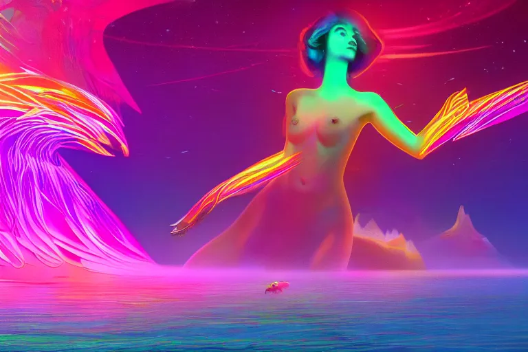 Prompt: wide ((wide)) photo of surreal beautiful beautiful woman (((dynamic neon lighting)) in chromatic dmt trippy lake with glowing birds, mountains, elegant, highly detailed, sharp focus, illustration, beautiful, geometric, trending on artstation, cinematic, artwork by Tran, Ross and Aivazovsky, Ivan