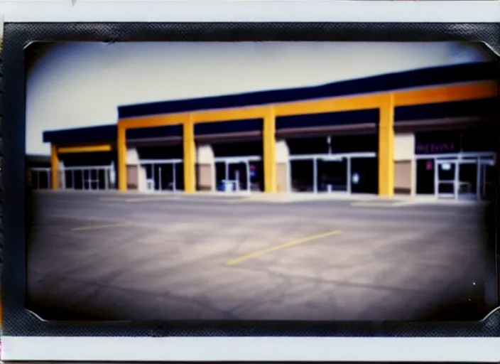 Prompt: polaroid photograph of an empty blockbuster store parking lot, liminal space, familiar place, mannequins, black mold, amateur, unreal engine, photorealistic, trending on artstation