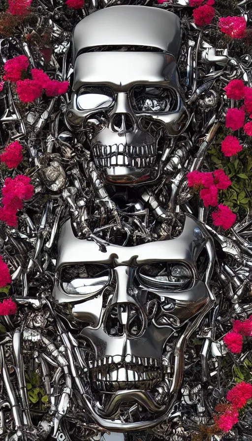 Image similar to destroyed terminator lying in a field of flowers, twisted metal, chrome, reflections, anthropomorphic, photorealism, smoke, metal, 8 k, surreal, wires, smooth, sharp focus, top view, extremely detailed, hyperrealism, elegant, establishing shot, by jeff koons, artgerm and greg rutkowski