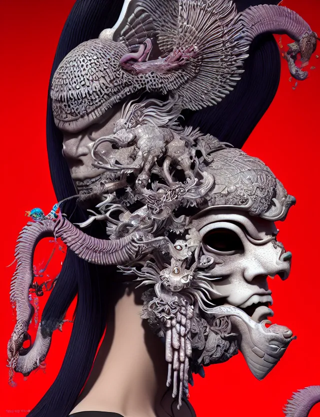 Image similar to 3 d goddess of hell close - up profile portrait with ram skull. beautiful intricately detailed japanese crow kitsune mask and clasical japanese kimono. betta fish, jellyfish phoenix, bio luminescent, plasma, ice, water, wind, creature, artwork by tooth wu and wlop and beeple and greg rutkowski