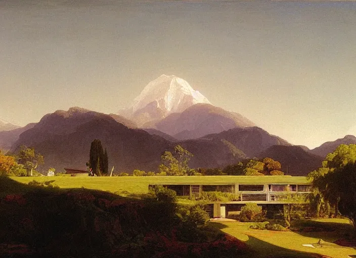 Image similar to painting of a john lautner house in front of beautiful mountains by thomas cole