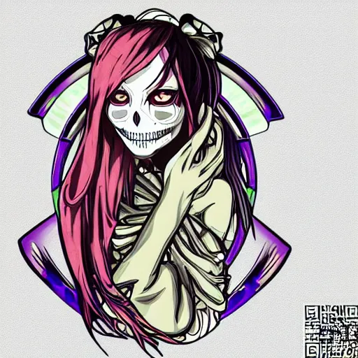 Image similar to anime manga skull portrait woman female wearing hoodie disney cartoon skeleton illustration style by Alphonse Mucha pop art nouveau