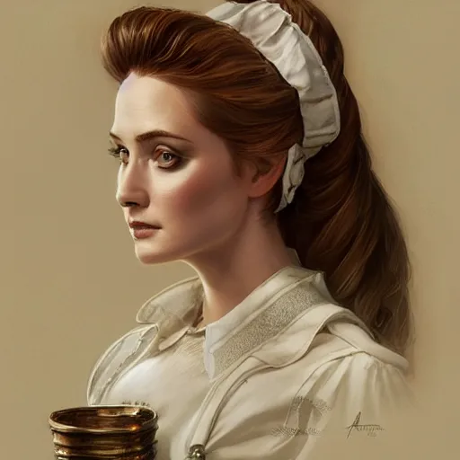 Prompt: a portrait of alexandra breckenridge as a maid, urban motifs, intricate, elegant, highly detailed, digital painting, trending on artstation, concept art, smooth sharp focus, illustration, art by artgerm and greg rutkowski