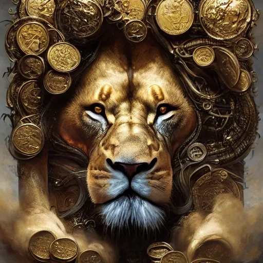 Image similar to a beautiful detailed 3 d matte portrait of a alchemist lion, by ellen jewett, by tomasz alen kopera, by justin gerard, ominous, magical realism, texture, intricate, skull, skeleton, gold coins, money, whirling smoke, alchemist bottles, radiant colors, fantasy, volumetric lighting, high details