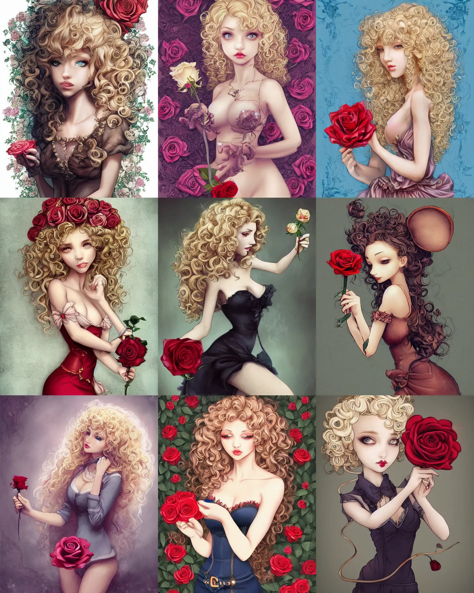 Prompt: beautiful mouse - girl, blonde curly hair, holding a rose, dark fantasy, feminine figure, gorgeous, pretty face, beautiful body, revealing outfit, high detail, tempting, realistic, james jean