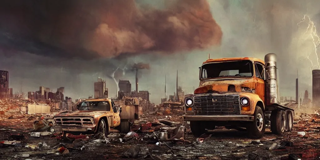 Image similar to 1970s photography a truck driver wearing a cap sitting next to his colorful truck in a apocalyptic wasteland, tornado and apocalyptic city in the background, detailed intricate insanely detailed octane render, 8k artistic photography, photorealistic, chiaroscuro, hd, by David Cronenberg, Raphael, Caravaggio