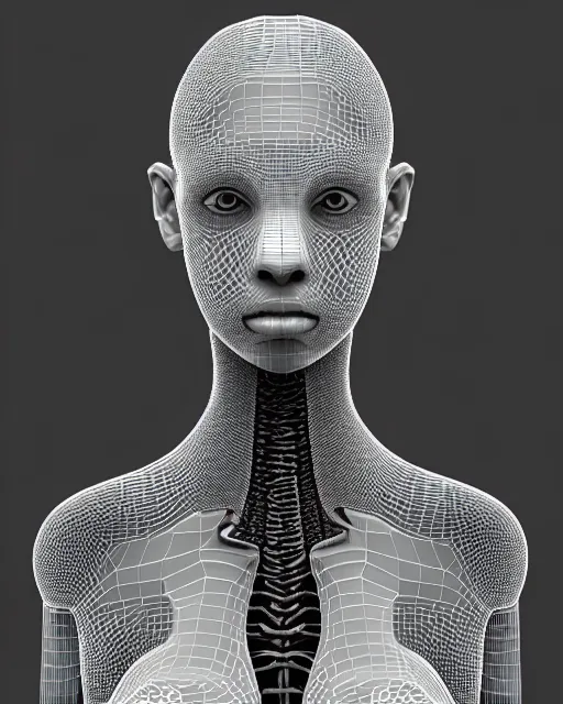 Image similar to a black and white 3D render of a beautiful portrait of a young female angelic-dragon-cyborg face with a very long neck, 150 mm, orchids, Mandelbrot fractal, anatomical, flesh, facial muscles, veins, arteries, full frame, microscopic, elegant, highly detailed, flesh ornate, elegant, high fashion, rim light, ray trace, octane render in the style of H.R. Giger and Man Ray, Realistic, Refined, Digital Art, Highly Detailed, Cinematic Lighting, rim light, black and white, photo-realistic Unreal Engine, 8K