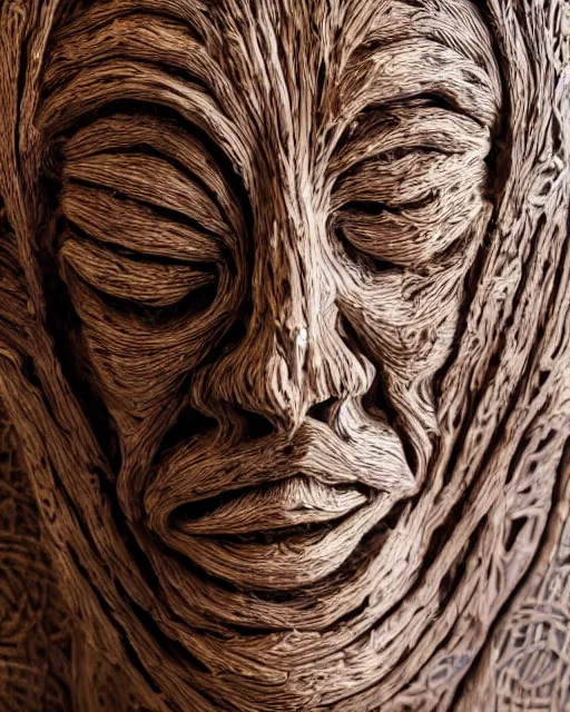 Image similar to studio shot of an intricate wood twisting statue, surreal face sculpture, intricate mathematical shape, professional, textured wood, scratched metal, well lit professional photo, chromatic, HD photography, 4k