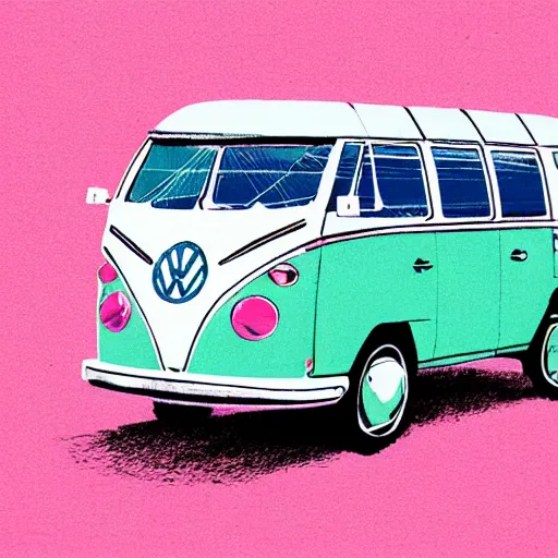 Image similar to illustration of an old van volkswagen, may 6 8, pastel colors, cool, hippie by victo ngai