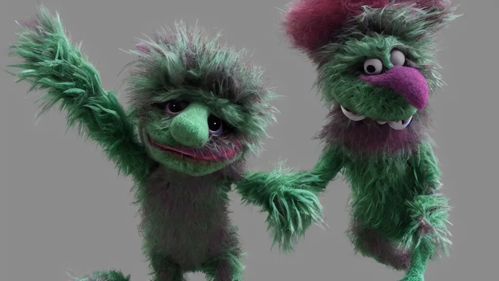 Prompt: 3 d model of a furry adorable sinister muppet monster by jim henson and alexander jansson : 1 | spectral color, electric color, rolling hills : 0. 9 | fantasy : 0. 9 | by dave melvin : 0. 4 | unreal engine, deviantart, artstation, octane, finalrender, concept art, hd, 8 k resolution : 0. 8