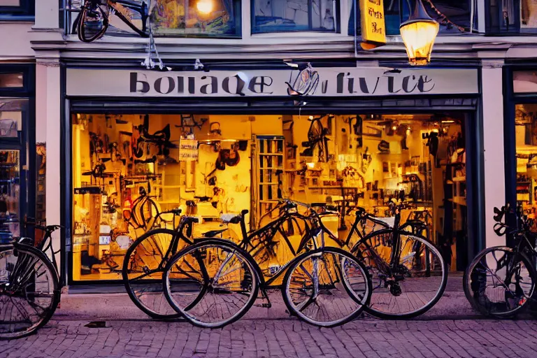 Image similar to boutique bicycle shop storefront wide angle street at dusk, cinematic lighting