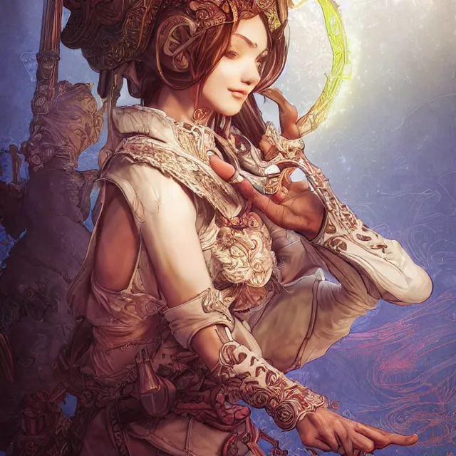 Image similar to portrait of neutral good colorful female cleric bard healer as absurdly beautiful, elegant, young skinny gravure idol, ultrafine hyperdetailed face illustration by kim jung gi, irakli nadar, intricate linework, sharp focus, bright colors, octopath traveler, final fantasy, unreal engine highly rendered, global illumination, radiant light, detailed intricate environment