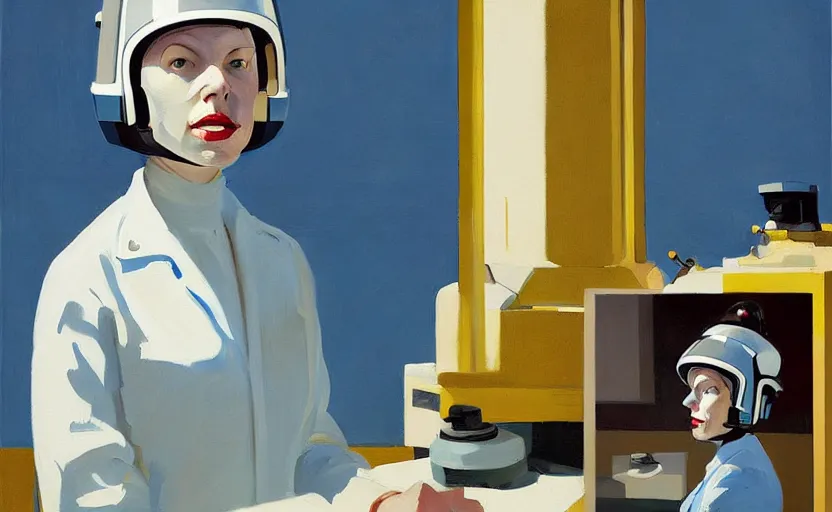 Image similar to Portrait of a woman Scientist with helmet, very coherent, painted by Edward Hopper, painted by James Gilleard, airbrush, art by JamesJean