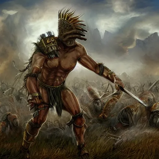 Image similar to tchno - neolithic cyber - warlord, battlefield landscape, victorious photorealistic hd,