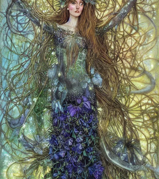 Prompt: fey queen of the summer forest, dress of leaves, fine features, thin, young, silver shimmering hair, by brian froud, stars, night colors, oil on canvas, oil panting